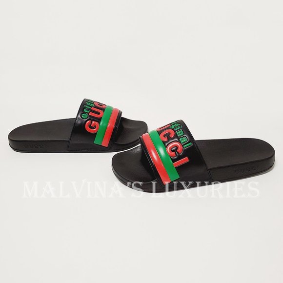 GUCCI SHOES MENS ORIGINAL BLACK LEATHER RUBBER SLIDE SANDAL w WEB sz 9G 9.5 US main image 14